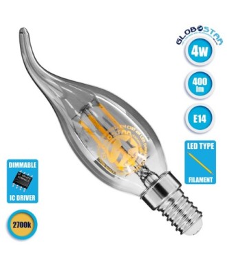 GLOBOSTAR® CANDLE 99062 Λάμπα Κεράκι E14 C35T LED 4W 400lm 360° AC 220-240V IP20 Θερμό Λευκό 2700K Dimmable - Filament Chip - Μαύρο Φιμέ - Μ3.5 x Π3.5 x Υ12cm - 3 Χρόνια Εγγύηση